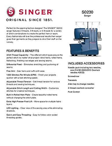 SINGER | S0230 Serger Overlock Machine With Included Accessory Kit - Heavy Duty Frame - 1300 Stitches Per Min - 4 Thread - Differential Feed - Making The Cut Edition, Blue