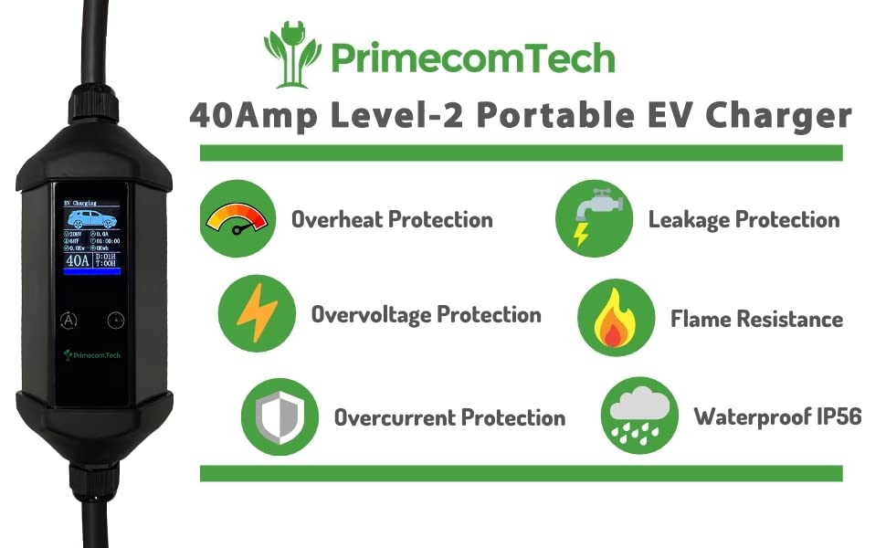 Primecom 40Amp Level 2 EV Charger: Fast, Waterproof, Universal Compatibility