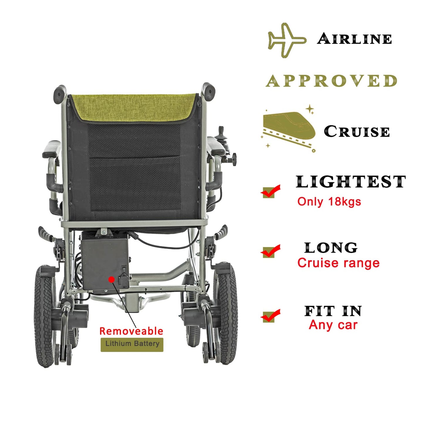 Culver Mobility Kano Electric Wheelchair - Green-Gray, Foldable, Travel-Friendly