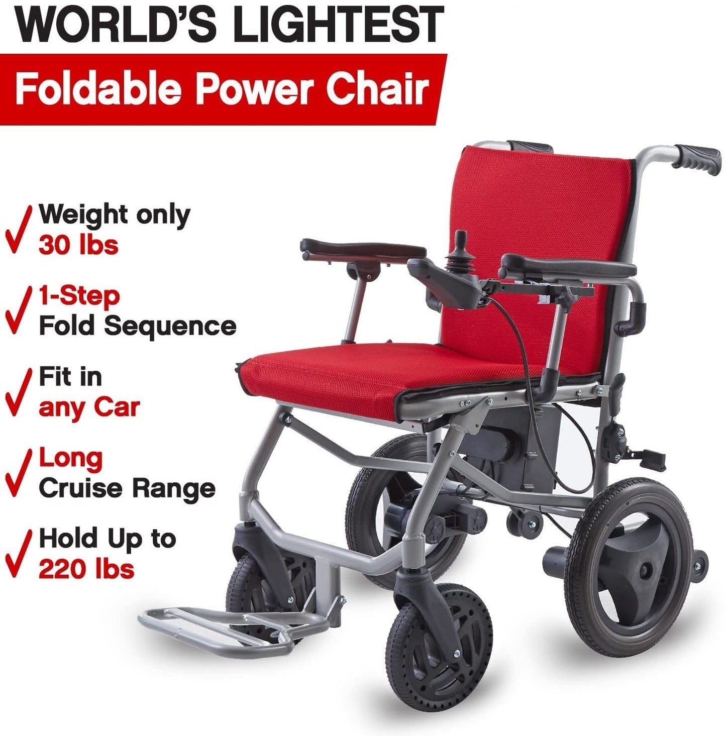 Culver Mobility Kano Foldable Electric Wheelchair, User-Friendly, Travel Size, Wheelchairs for Adults Lightweight,(RED)