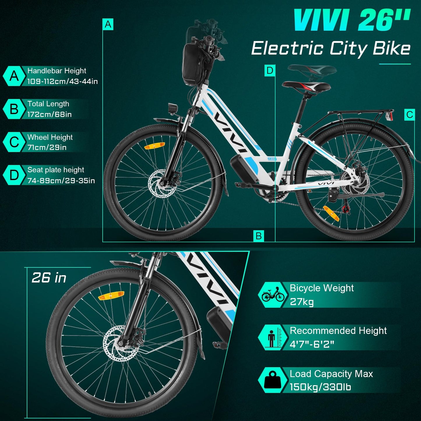 Vivi Electric Bike 500W, 26" Step Through Ebike, Removable 48V Battery, 20MPH