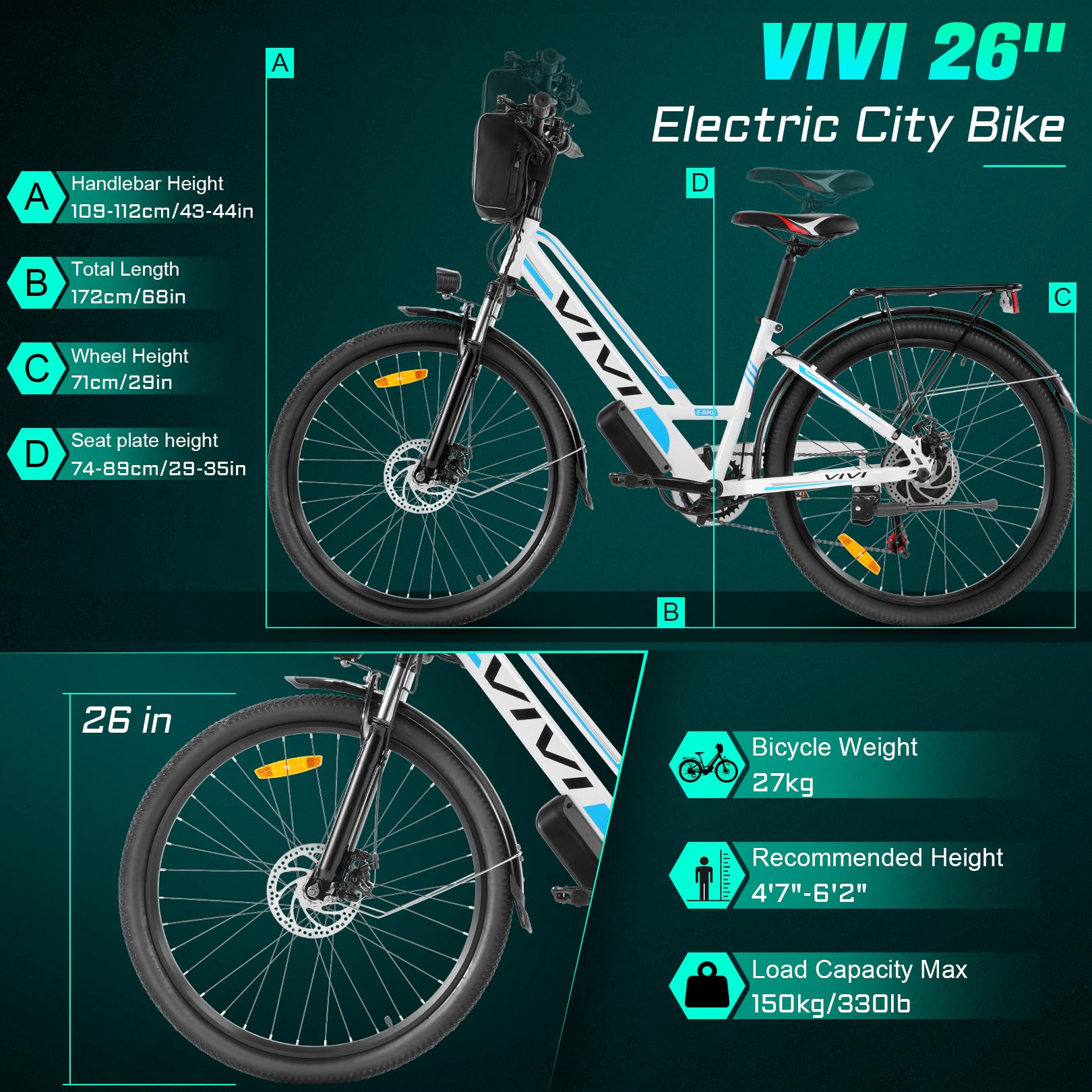 Vivi Electric Bike 500W, 26" Step Through Ebike, Removable 48V Battery, 20MPH